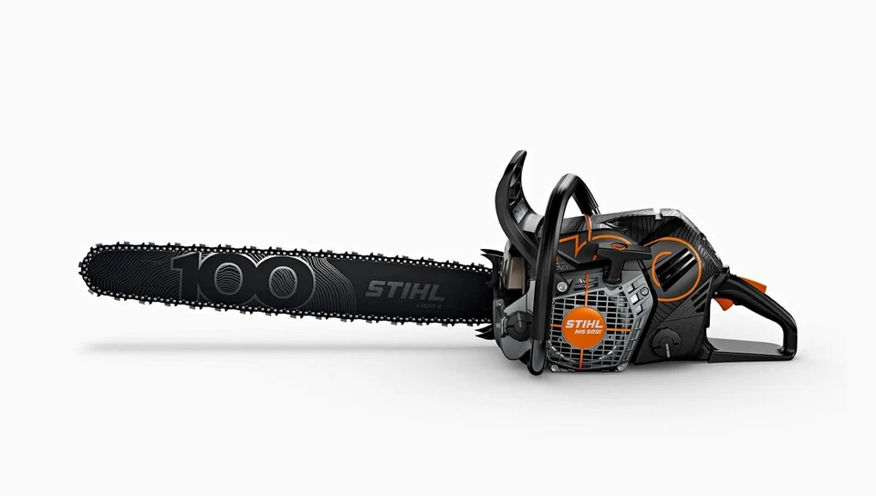 STIHL MS 500i chainsaw with black anniversary guide bar and orange detailing